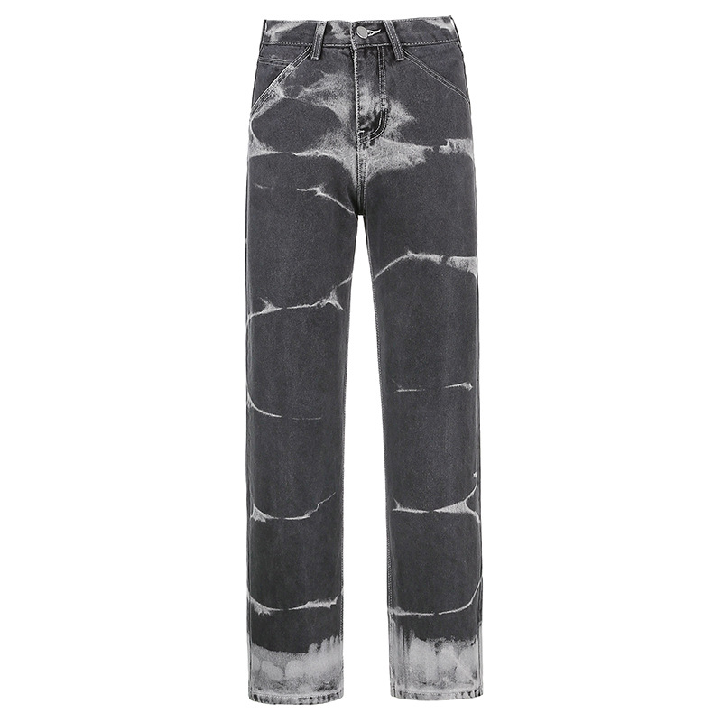 Fashion Ladies Tie Dye Drape Straight Leg Jeans Grey - Shop at LoveMi