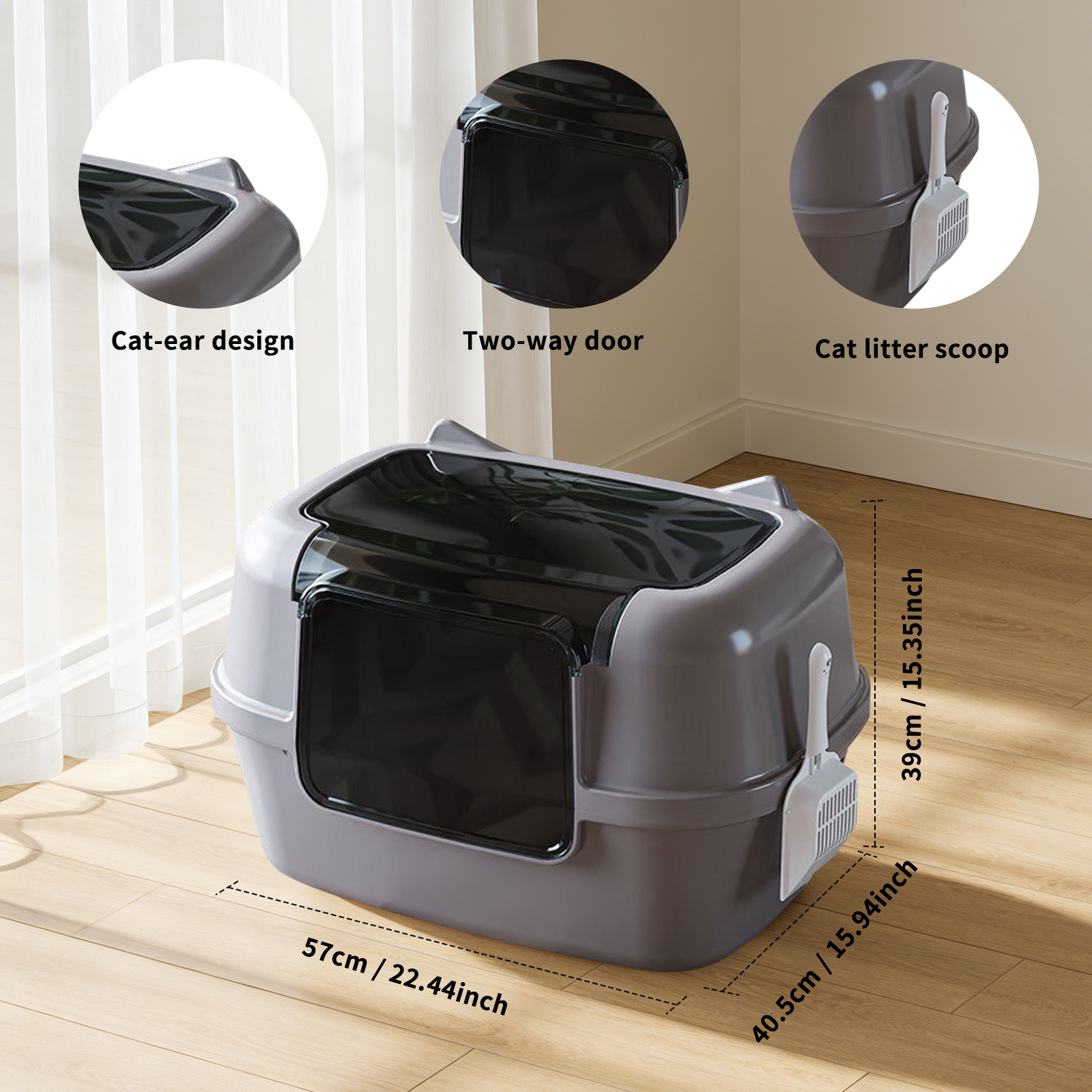 Extra Large Cat Ear Fully Enclosed Cat Litter Box, With Free Scoop & Litter Mat, Anti-Splash & Anti-Tracking Odor Locking, For Large Cats & Multi-Cat Households