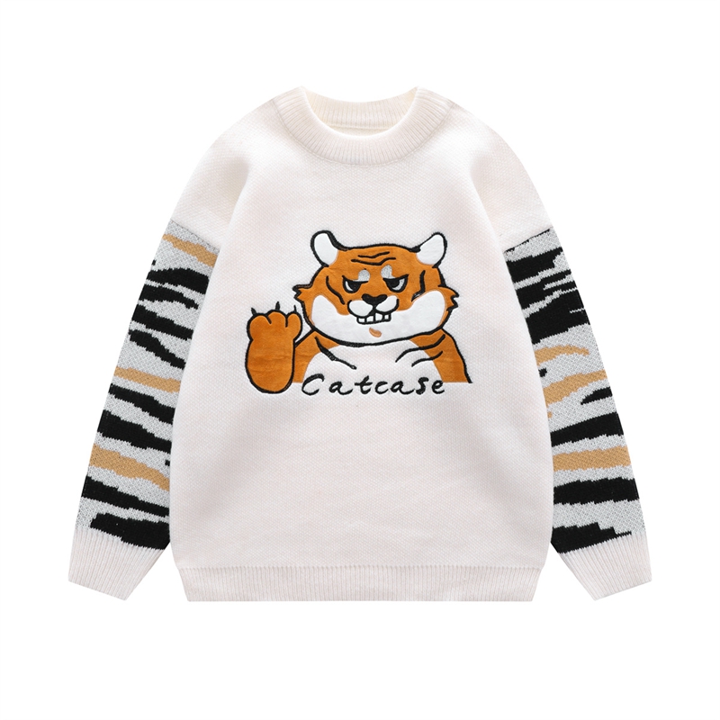 Vintage Colorblock Embroidered Tiger Crewneck Sweater