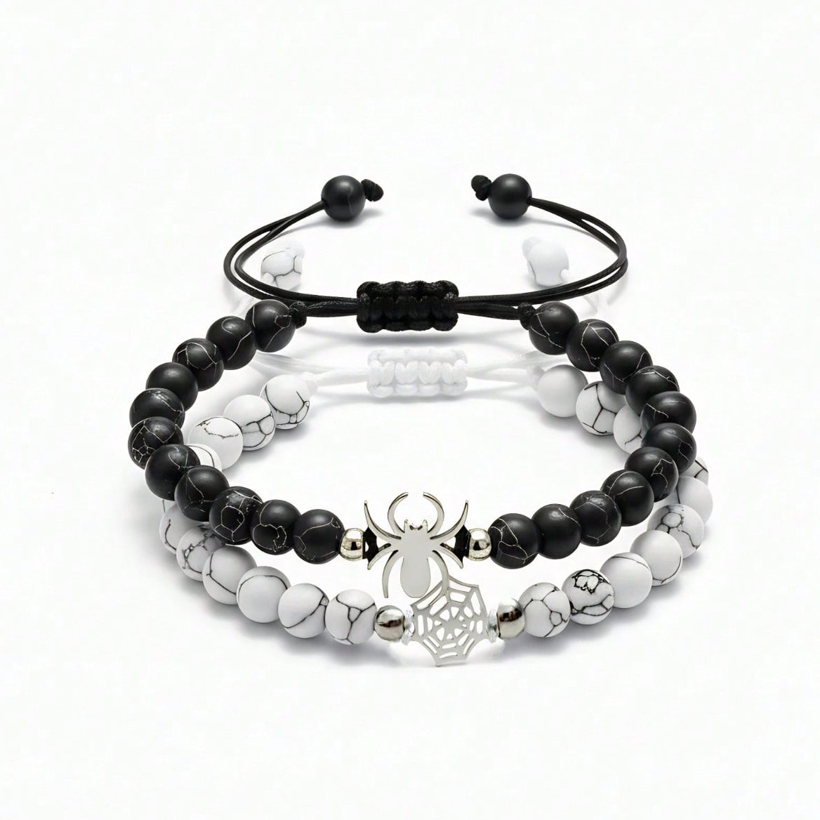 2pcs Matching Spider Web Bracelets For Couples Men Women, Natural Stone Black White Beaded Bracelets, Y2K Goth Punk Friendship Jewelry, Birthday Valentine's Day Gift For Best Friend Boyfriend Girlfrie - photo 9