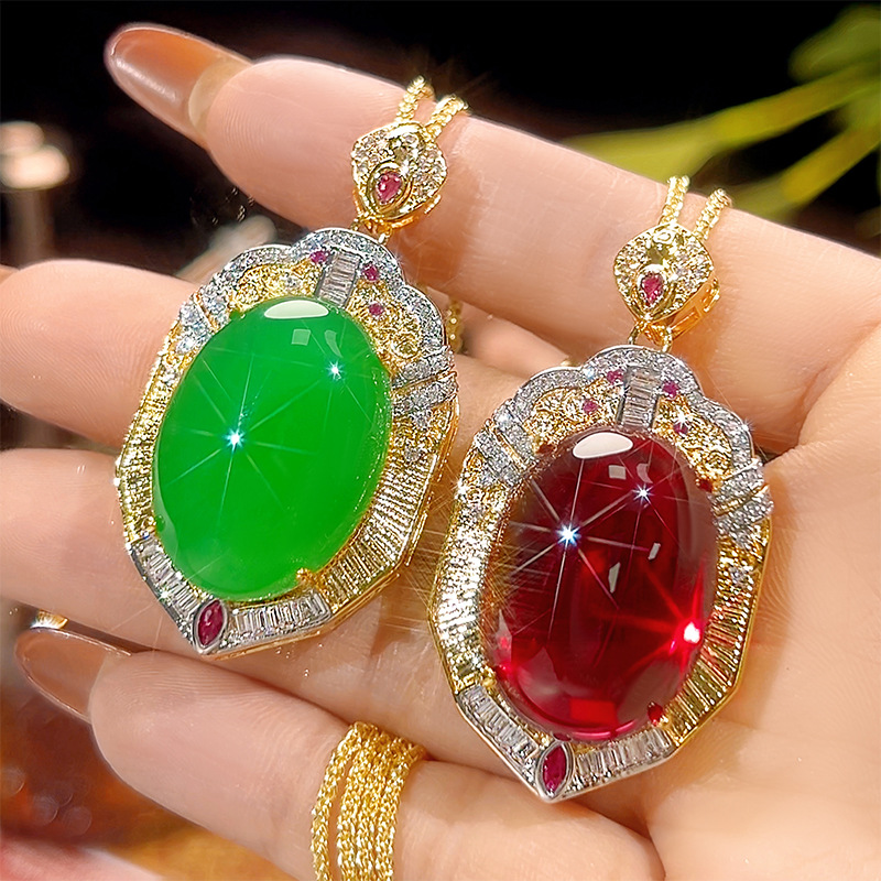 New Jewelry Simulated Ruby And Emerald Green Jasper Lightweight Luxury Gold Pendant