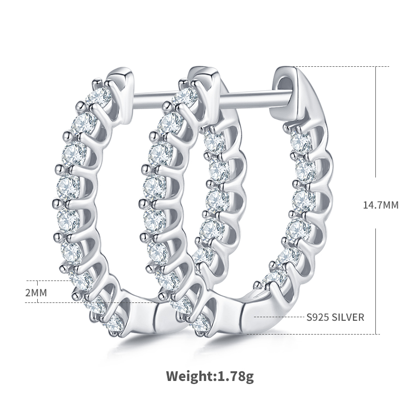 S925 Sterling Silver 30pcs Moissanite Huggie Hoop Earrings For Women 16.5mm Platinum Plated GRA Certified Hypoallergenic Gift Box