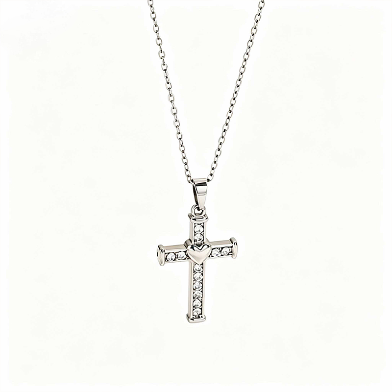Stainless Steel Inlaid Rhinestone Heart-shaped Cross Pendant Necklace