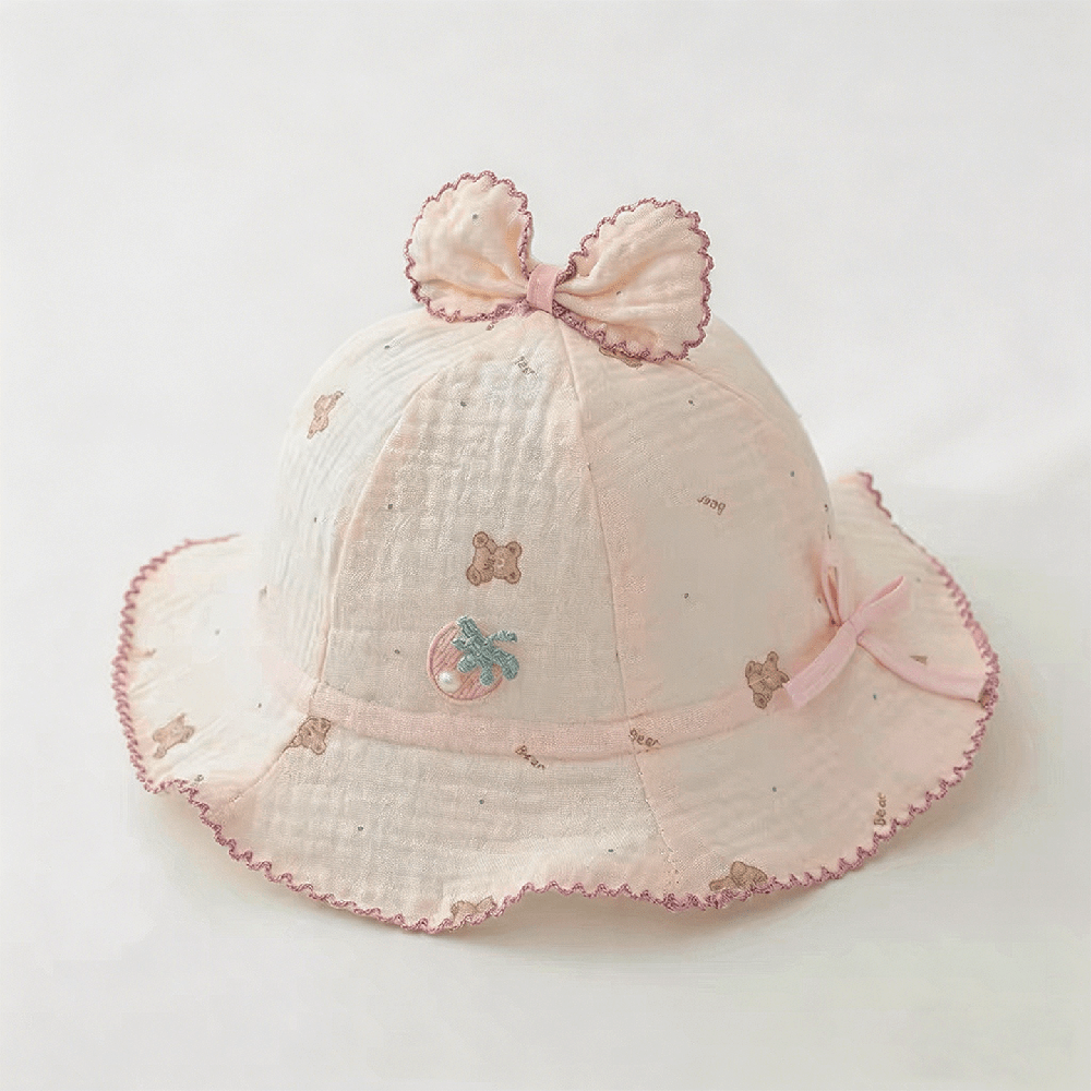 Summer Baby Bear Print Bow Hat With Frilled Brim And Strawberry Embroidery, A Comfortable And Cute Children's Style Boater Hat. 4