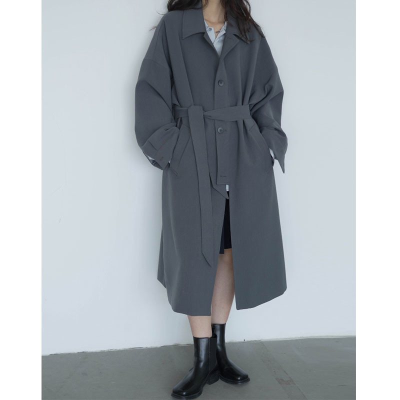 Women's Mid Length Casual Loose Tie Up Waist Windbreaker Jacket Grayish Blue - Shop at LoveMi