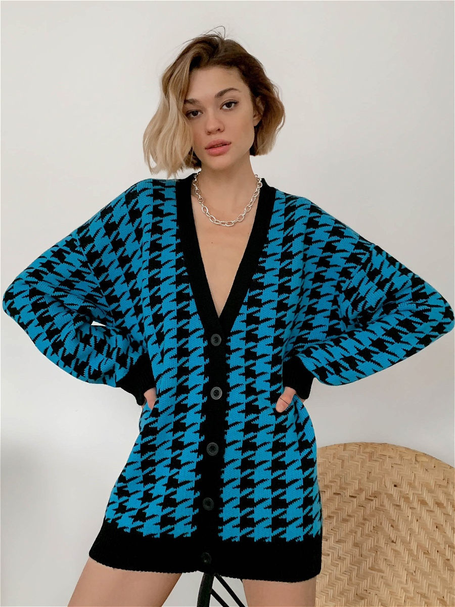 Loose V-neck Houndstooth Long Sleeve Knit Cardigan Jacket Contrast Color
