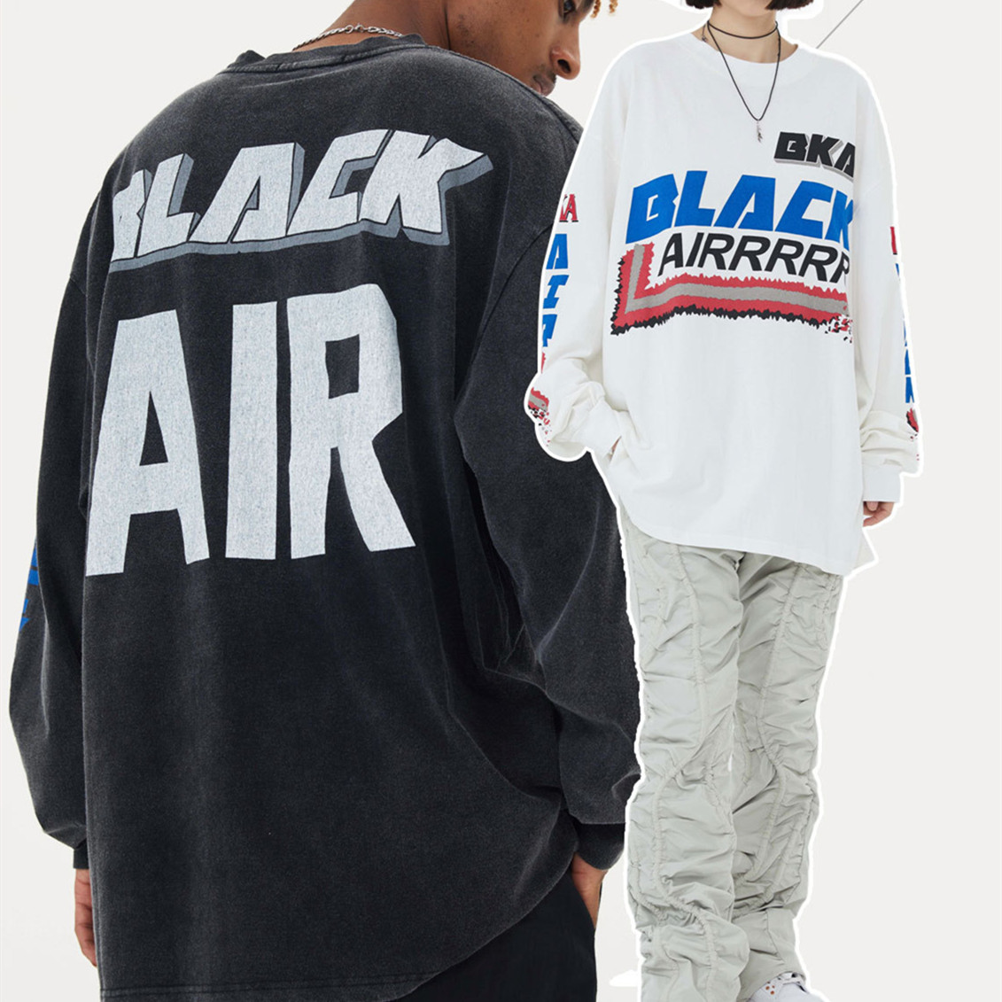 Washed And Distressed Loose Crew Neck Racing Lettering Long Sleeve T-Shirt