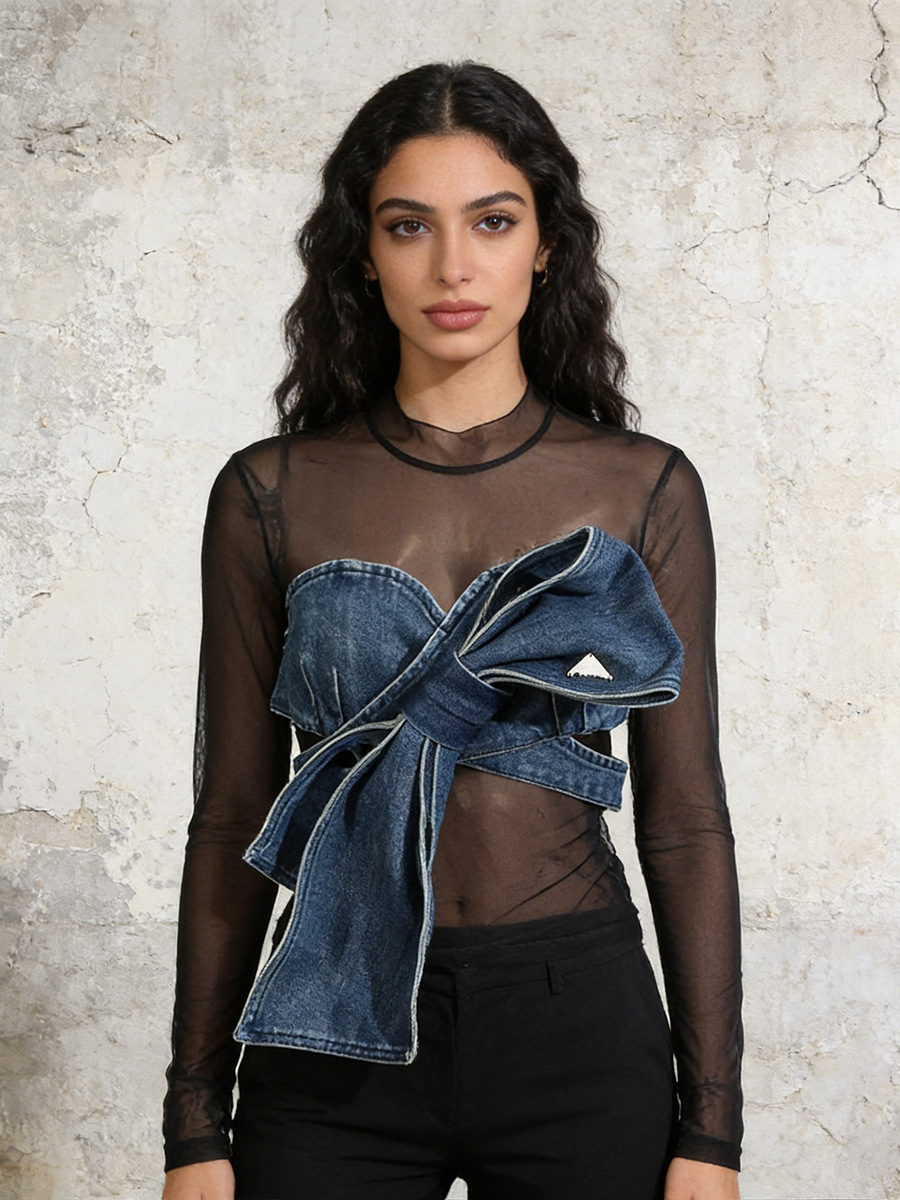 Denim Bow Mesh Overlay Top