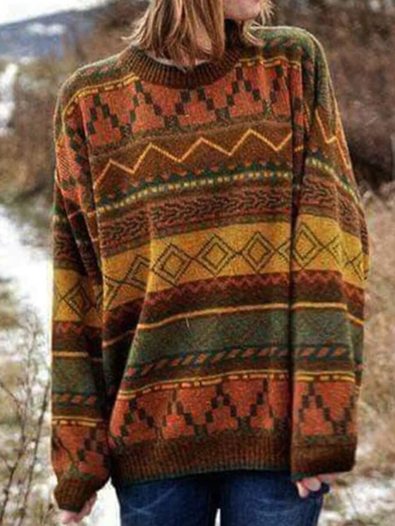 Casual Multicolor Stitching Knit Sweater Round Neck Top National Style Retro Jacquard Pullover Sweater