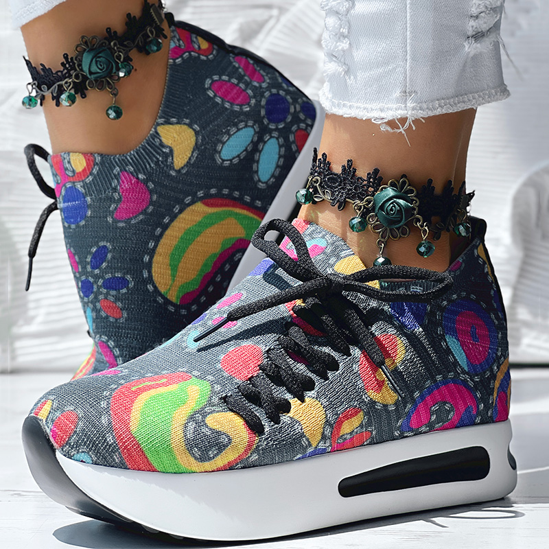 Women's Random Print Side Lace-Up Elastic Sport Shoes, Comfortable Slip-On Sneakers For Women, Casual Daily Wear Footwear — foto 3