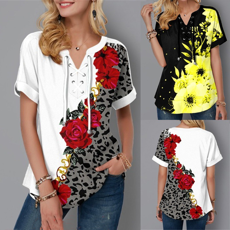 Title 5, New Summer Print Lace-Up Short-Sleeved Women