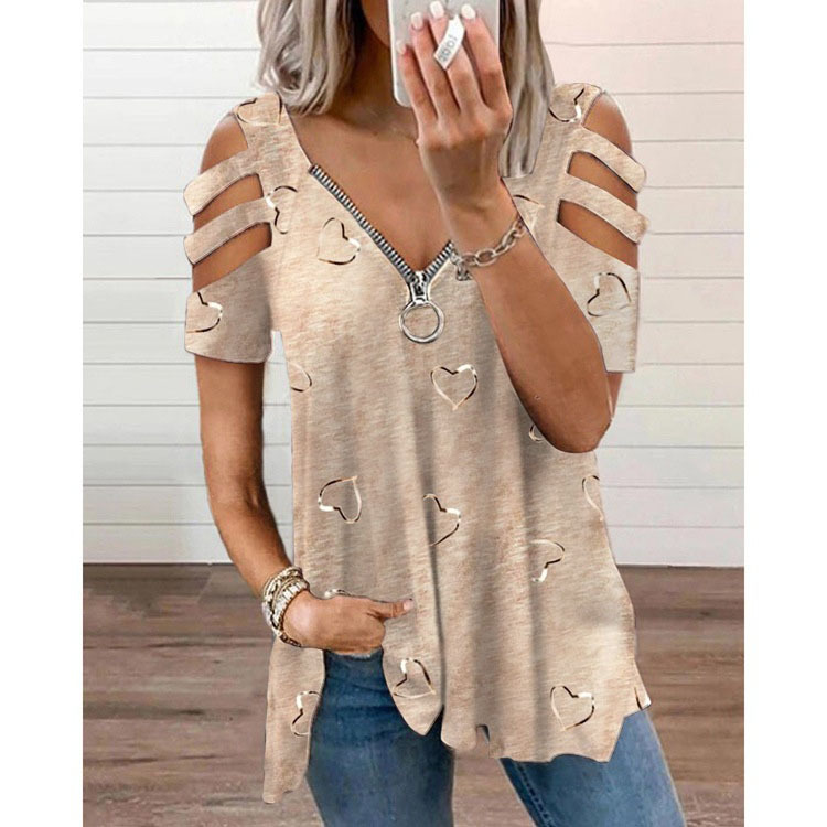 Title 4, V-neck Zipper Printing Short-sleeved Loose Casu...