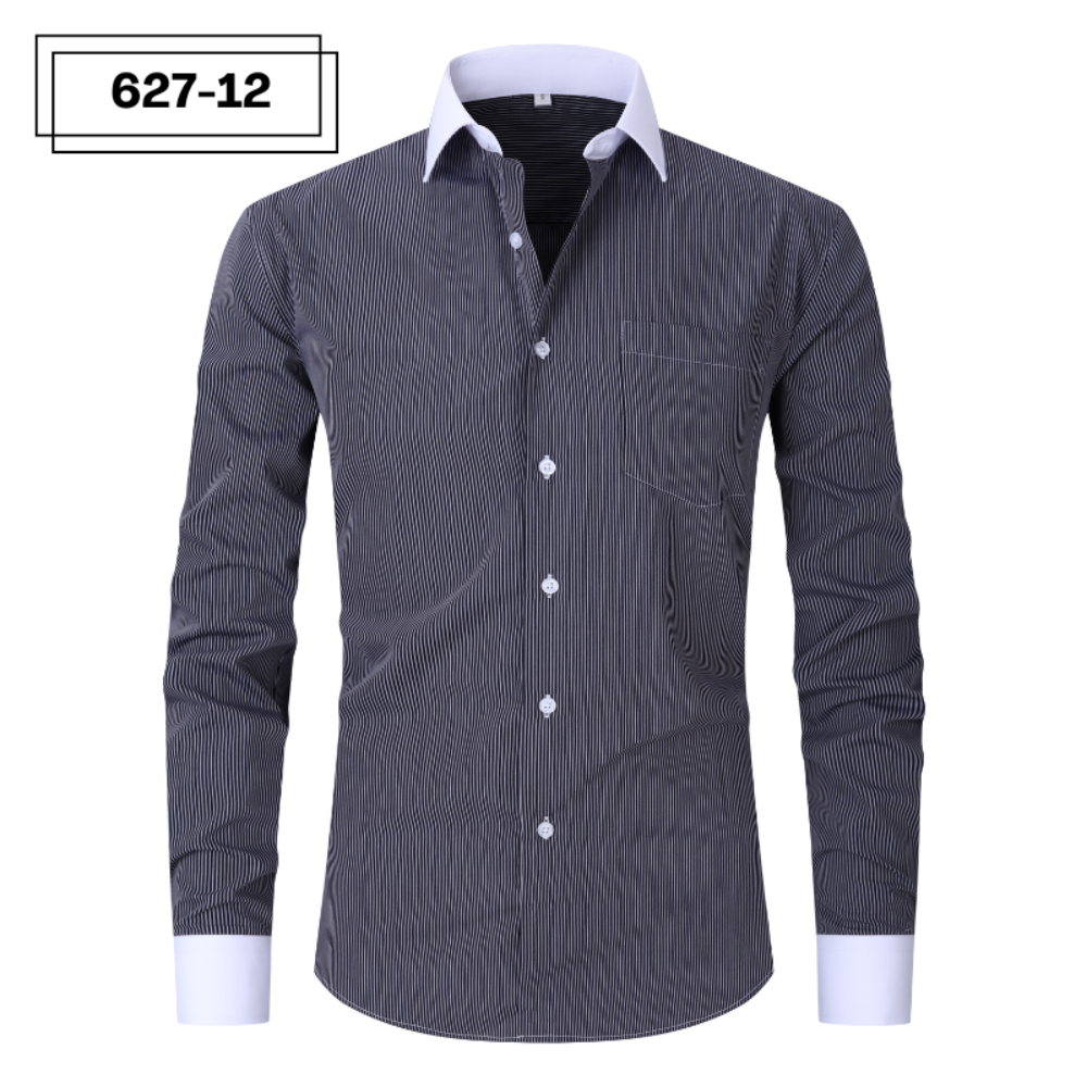 ["Men's dress shirt","Striped button-down","Long sleeve men's top","Formal shirt"]