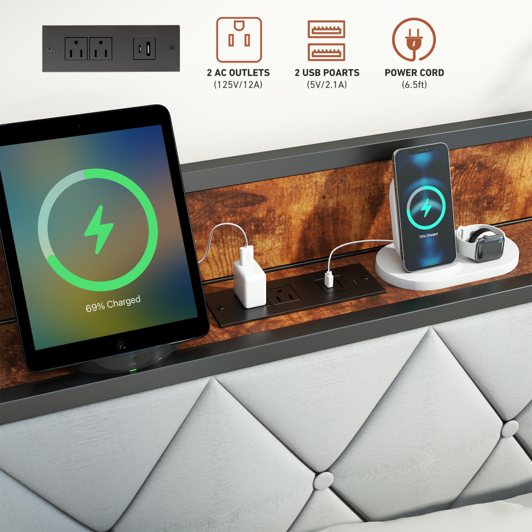 Soft-padded Headboard With Storage, Charging Port, Iron Frame Bed_voghion.com