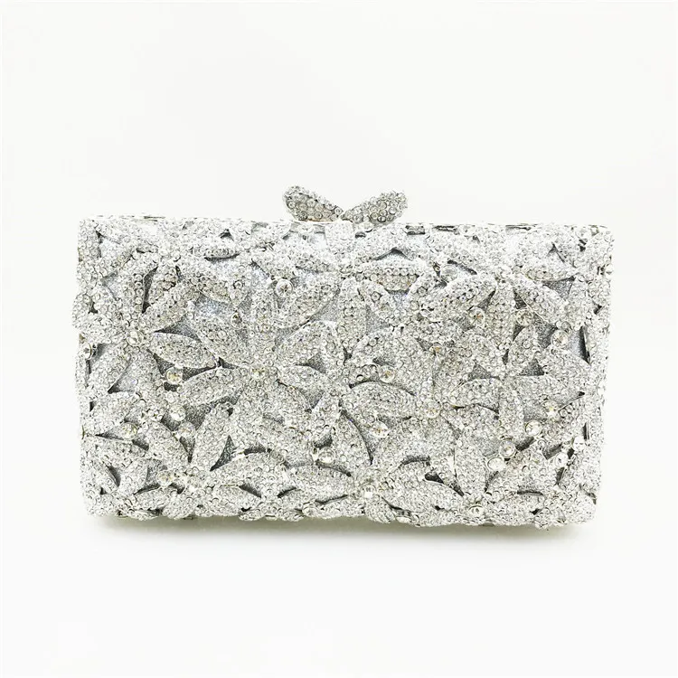 European And American Boutique Flower Rhinestone Dinner Clutch - Silver
