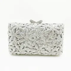 European And American Boutique Flower Rhinestone Dinner Clutch - Silver - View 1