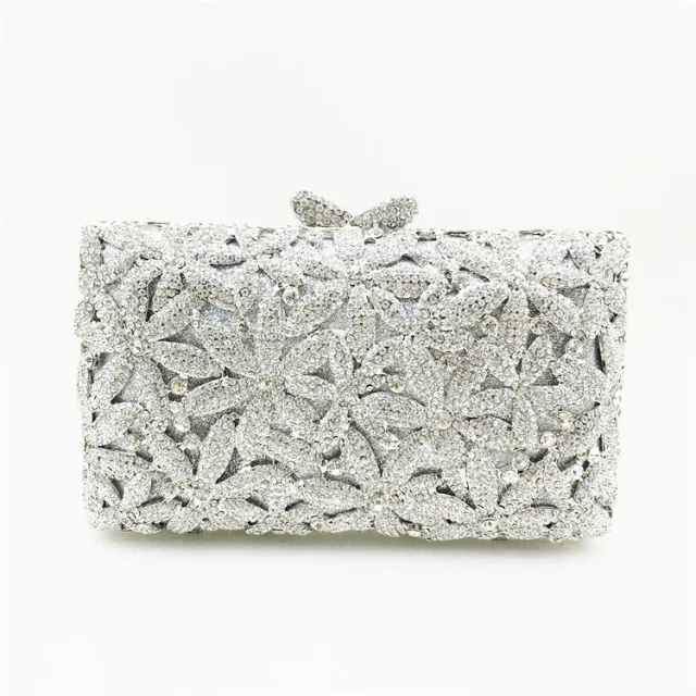 European And American Boutique Flower Rhinestone Dinner Clutch Silver - Shop at LoveMi