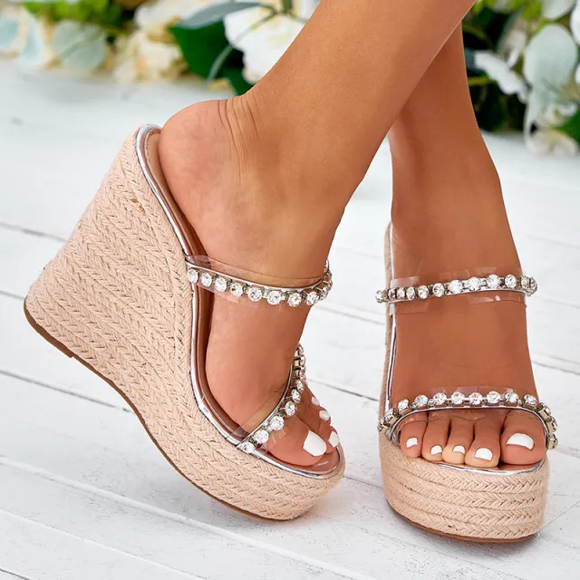 Women's Rhinestone Strap Hemp Muffin Platform Wedge Sandals Silver - Shop at LoveMi