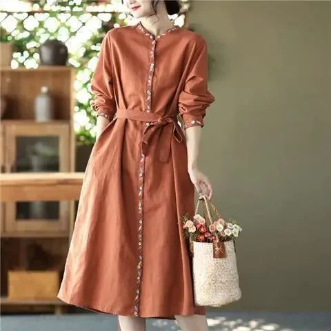 Long Temperament Cardigan Lace up Waist Dress Caramel 2Xl - Shop at LoveMi