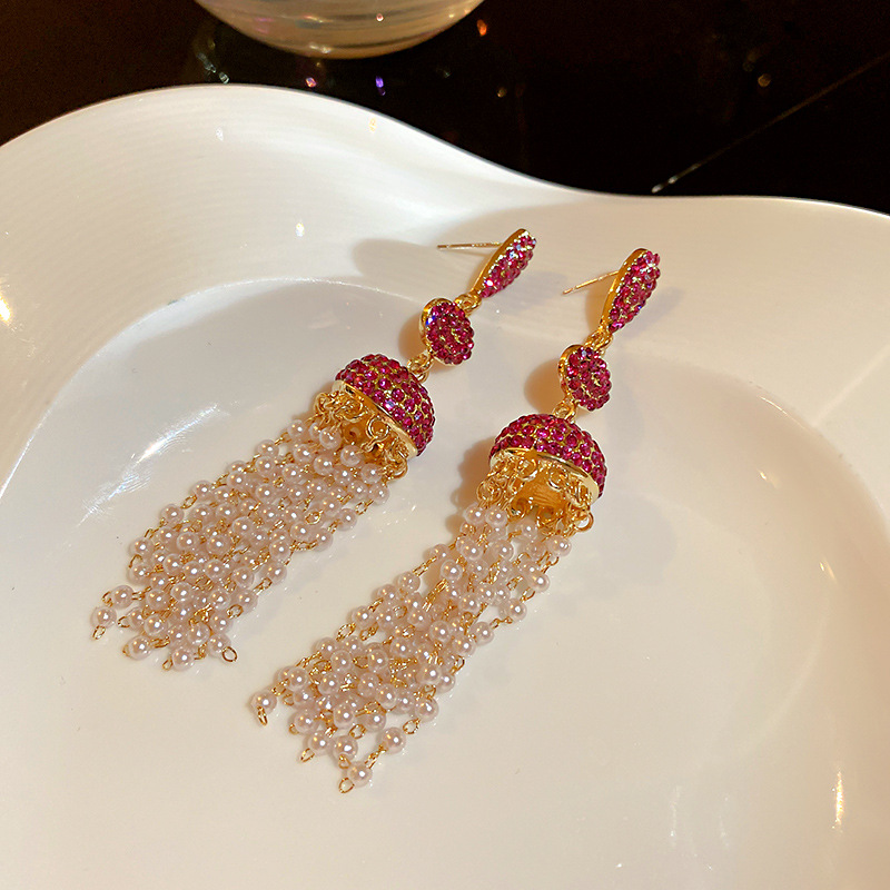 925 Silver Needle Diamond Pearl Tassel Earrings