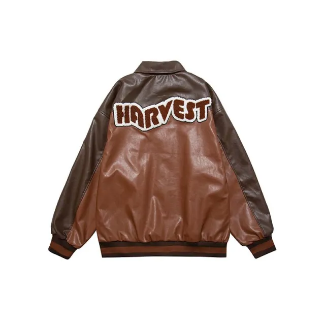 American Street Fashion Color Contrast Letter Towel Embroidery Lapel Coat Brown - Shop at LoveMi