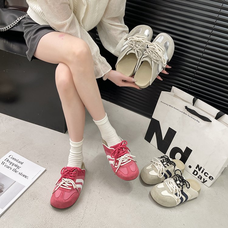 Women Retro Backless Mule Sneakers Color Block Suede Upper Striped Side Detail Twisted Lace Round Toe Slip On Flat Rubber Sole Casual Street Daily Slide On Trainers