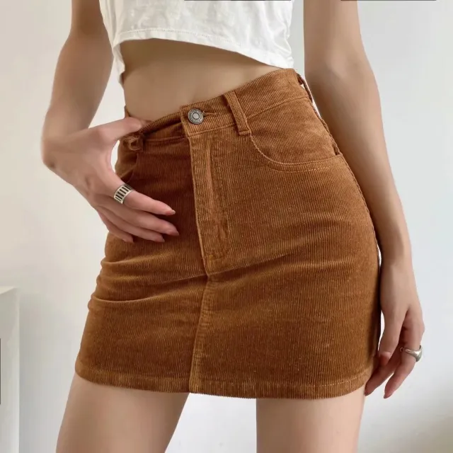 All match A line Women's High Waist Slim Corduroy Skirt Brown - Shop at LoveMi