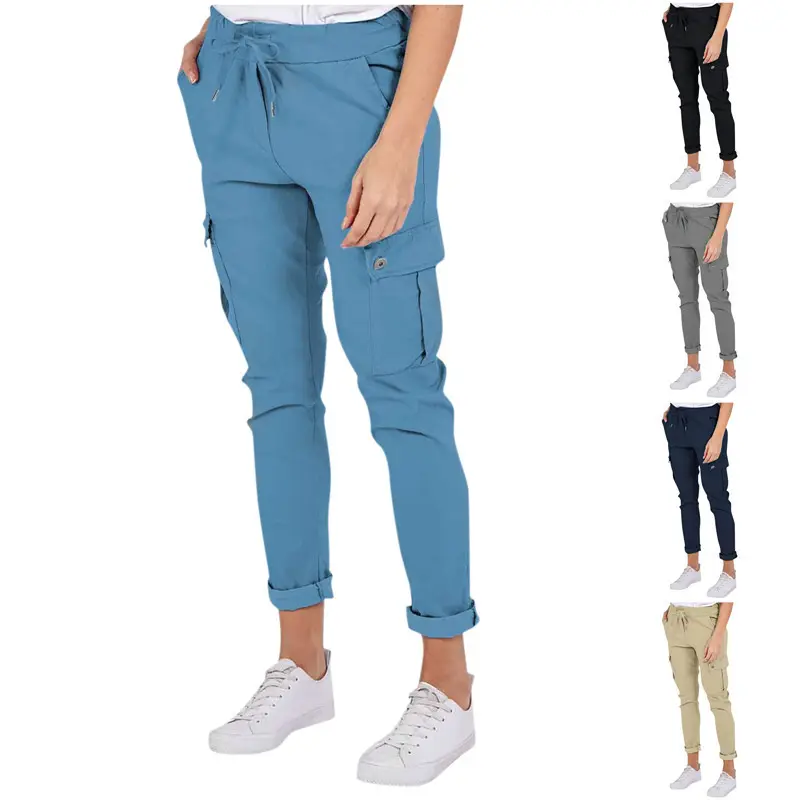 Casual Cargo Pants with Pockets Solid Color Drawstring Waist