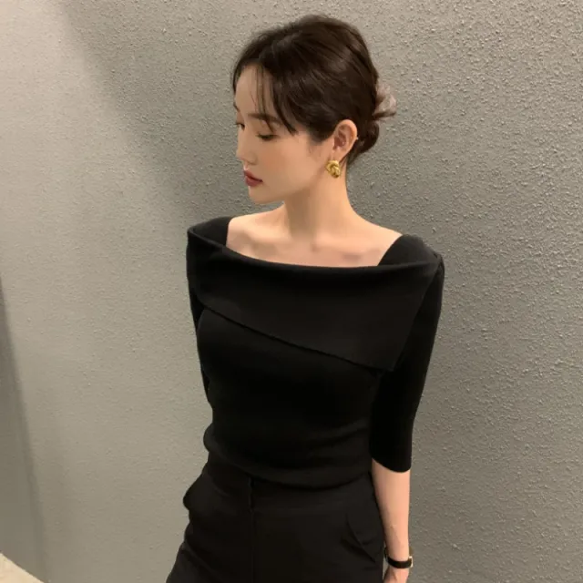Women's Gentle Temperament Slim Fit One Line Neck Knit Sweater Black - Shop at LoveMi