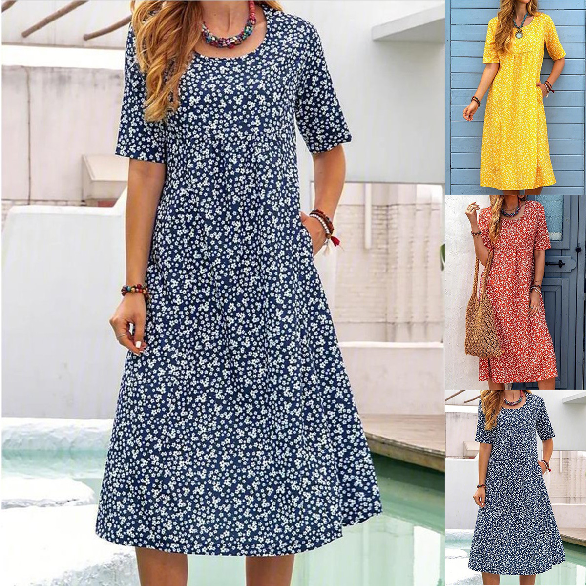 Pocket Short Sleeve Casual Midi Shirt Dress