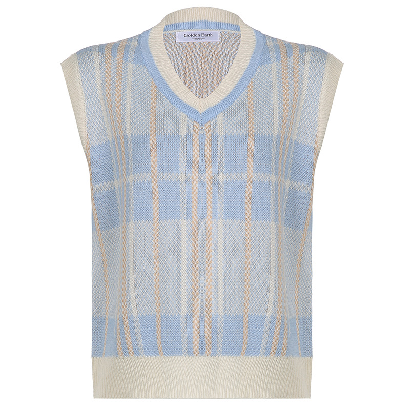 Contrasting Checkered V Neck Loose And Thin Sleeveless Drop Shoulder