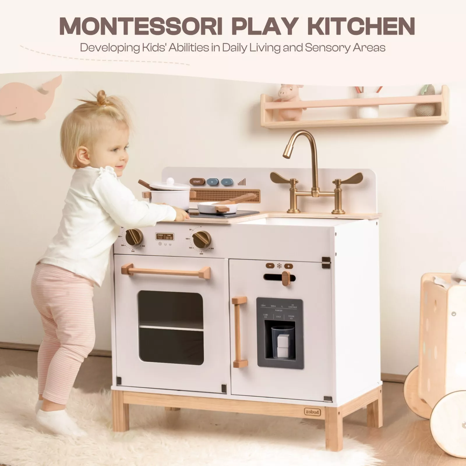 ROBOTIME Kitchen Cooking Toy Set - White. Product Name: Children's Kitchen Chef Pretend Playset Topic: Kids Construction Toys Brand Name: ROBOTIME Material: Wood Size: 22.8 x 11.4 x 24.4 inches Weight: 20.3 pounds. Image link to product images. Product Fe