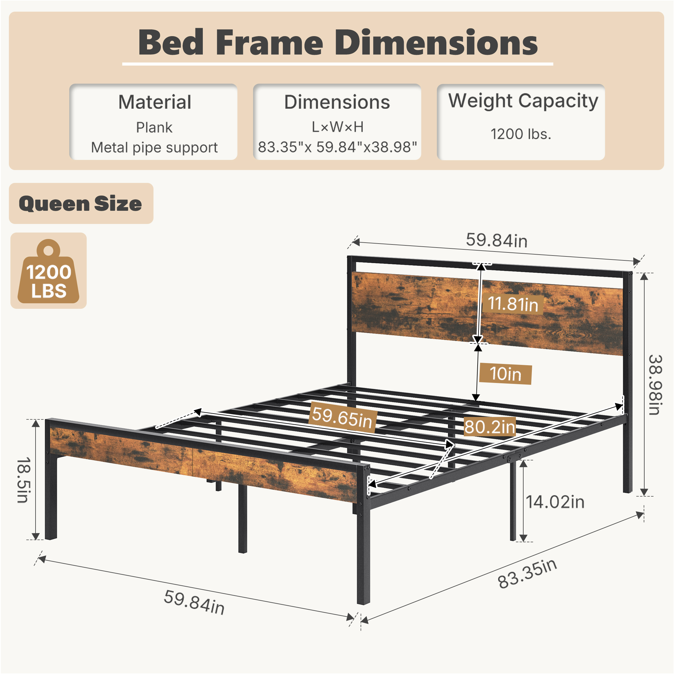 Heavy-duty Metal Platform Bed With Wooden Headboard, Capable Of Supporting 1000 Pounds, And With Storage Space Beneath The Bed. image 15