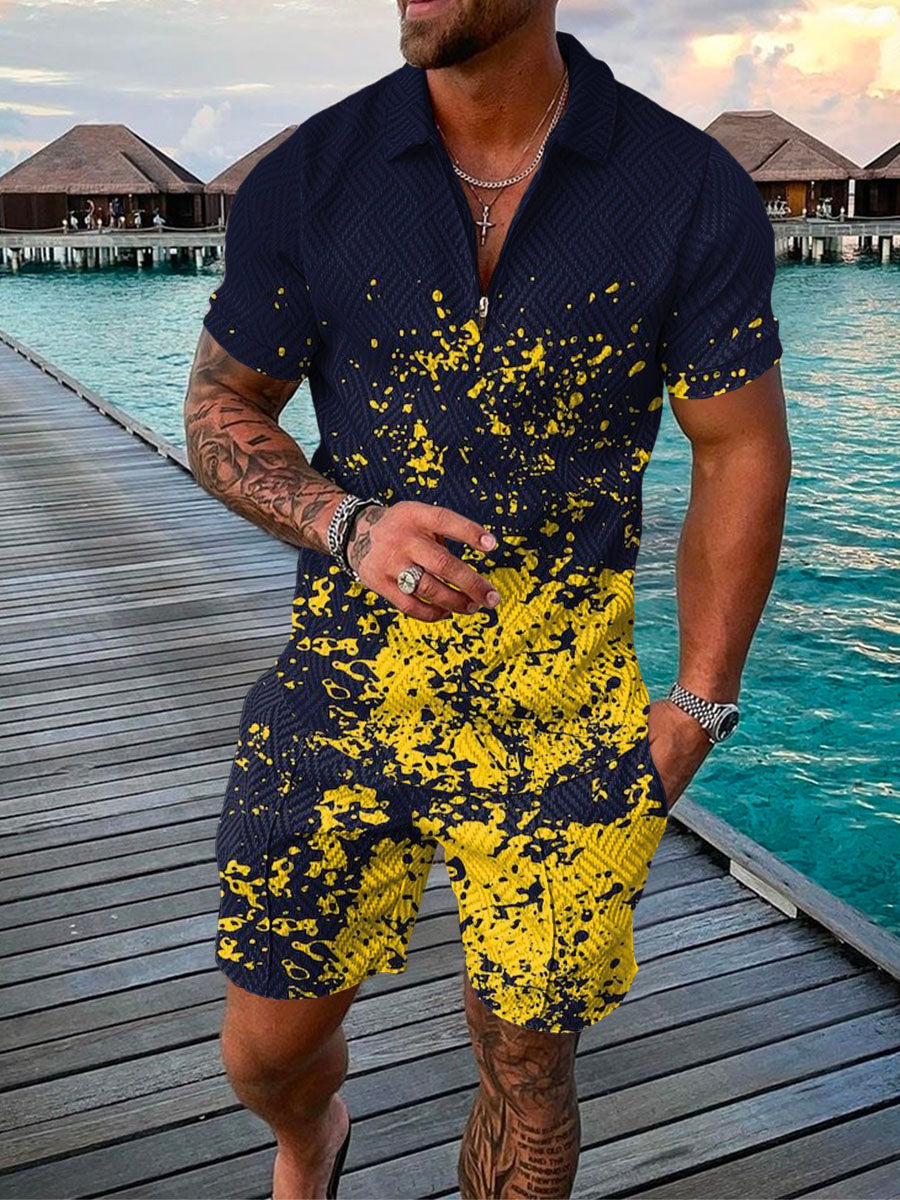 Men's Summer Fashion 3D Printed Short Sleeve Geometric Zip Lapel Shirt Set