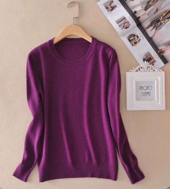 Cashmere Jumper Slim Fit Plus Size Solid Colour Round Neck Purple - Shop at LoveMi