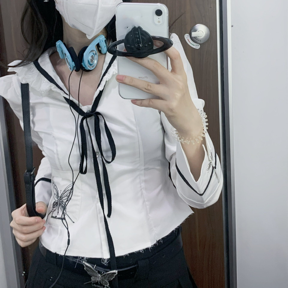 Women's Casual Butterfly Embroidered Navy Neck Sailor Suit Top