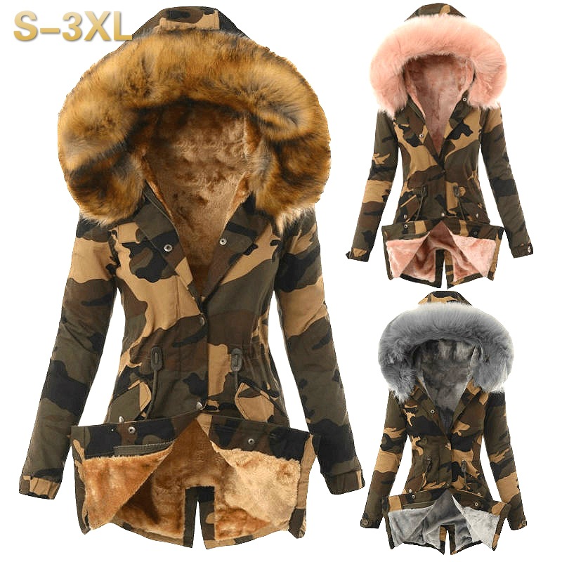 Wool Collar Drawstring Camouflage Print Casual Warm Cotton Coat Women