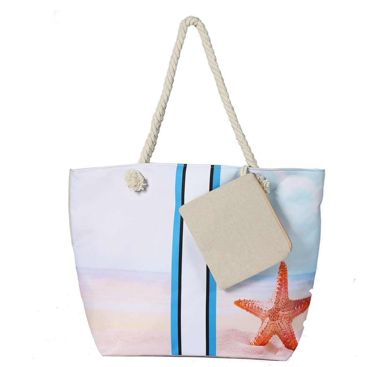 Waterproof Beach Tote Bag for Women. MATERIAL: Unique outer canvas material, inter polyester, hemp rope handle, foldable, easy to clean, waterproof and sandproof, durable and washable. LARGE BEACH BAG: Size 22.83 X 7.87 X 14.96 inch, there is enough space