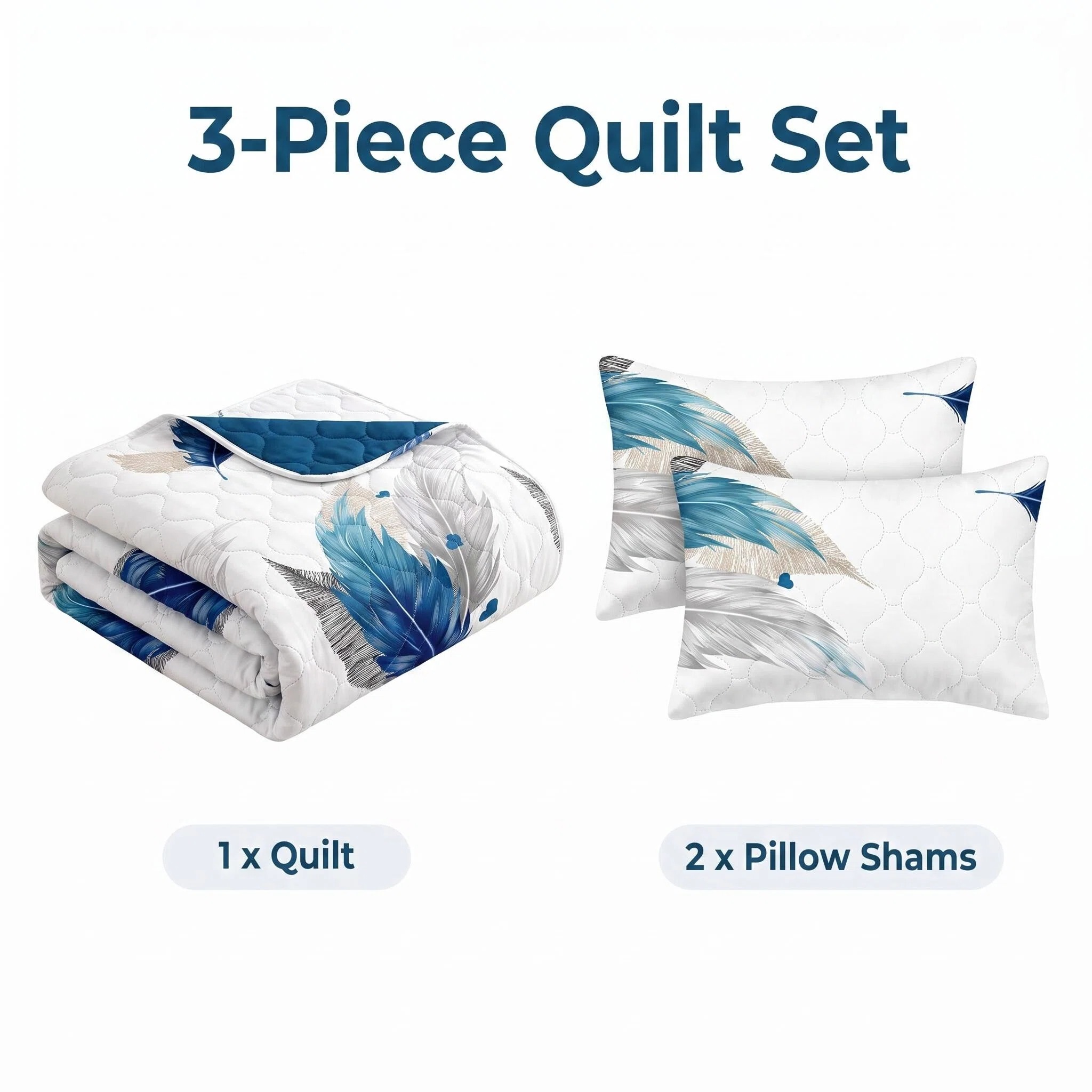 3-Piece Blue Feather Quilted Bedspread Set For King And California King