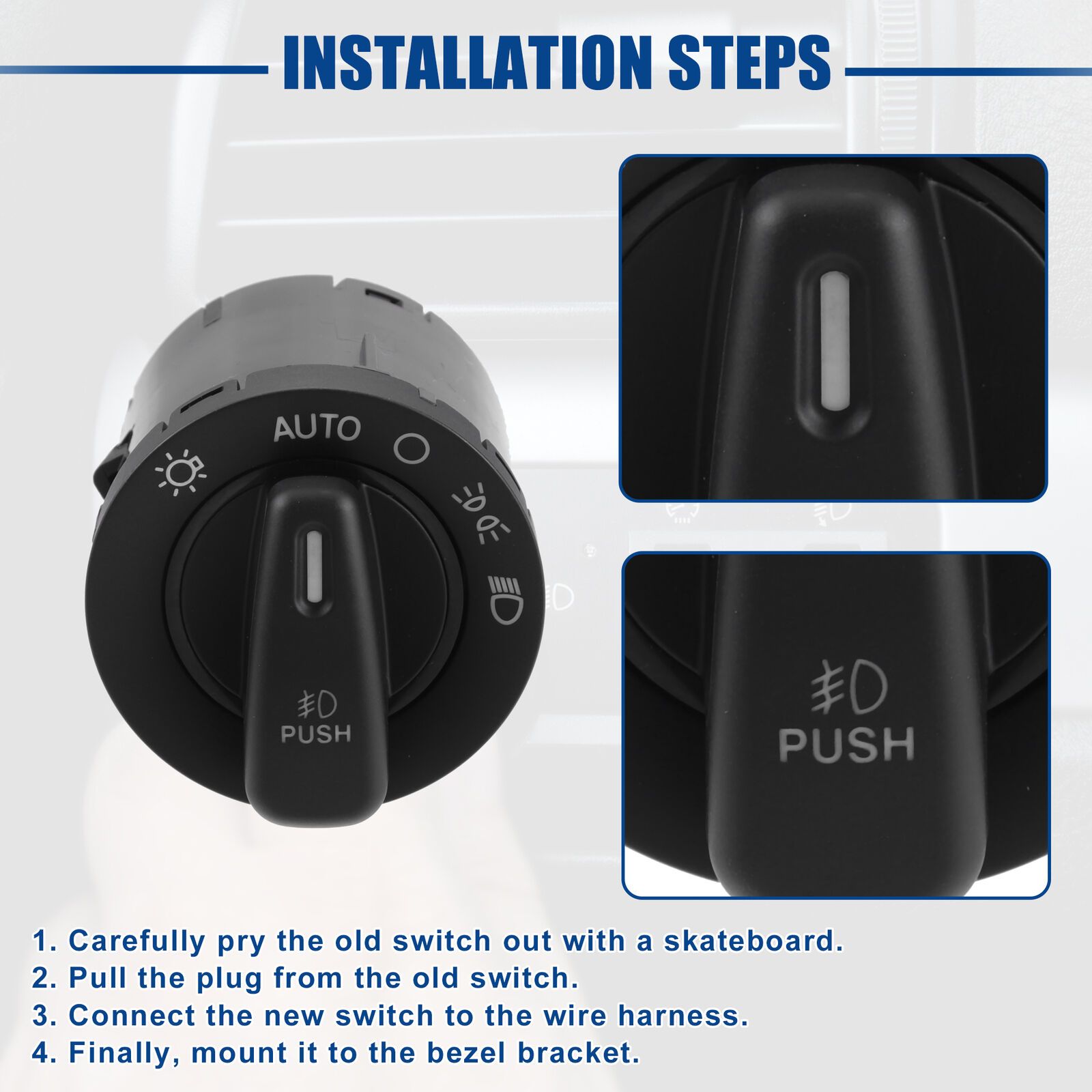 Close-up of positive-click tactile button on black Chevy GMC truck headlight switch