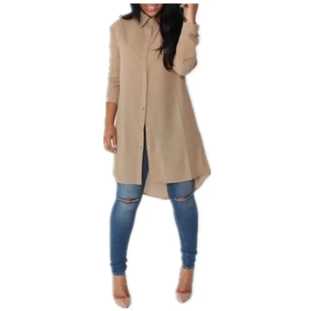 Irregular Mid length Long sleeved Chiffon Shirt Women Apricot - Shop at LoveMi