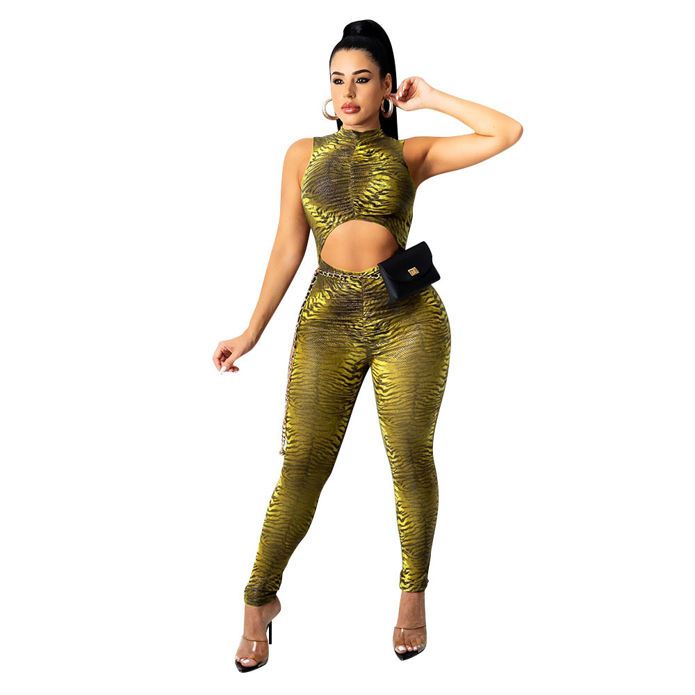 Skinny Sexy Cutout Printed Tiger Jumpsuit Yellow - Shop at LoveMi