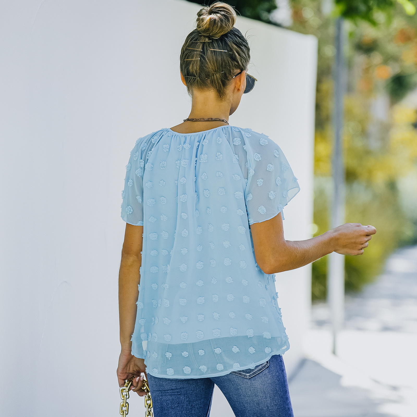 European And American Polka Dot Chiffon Shirt Short Sleeve T Shirt Women's Top