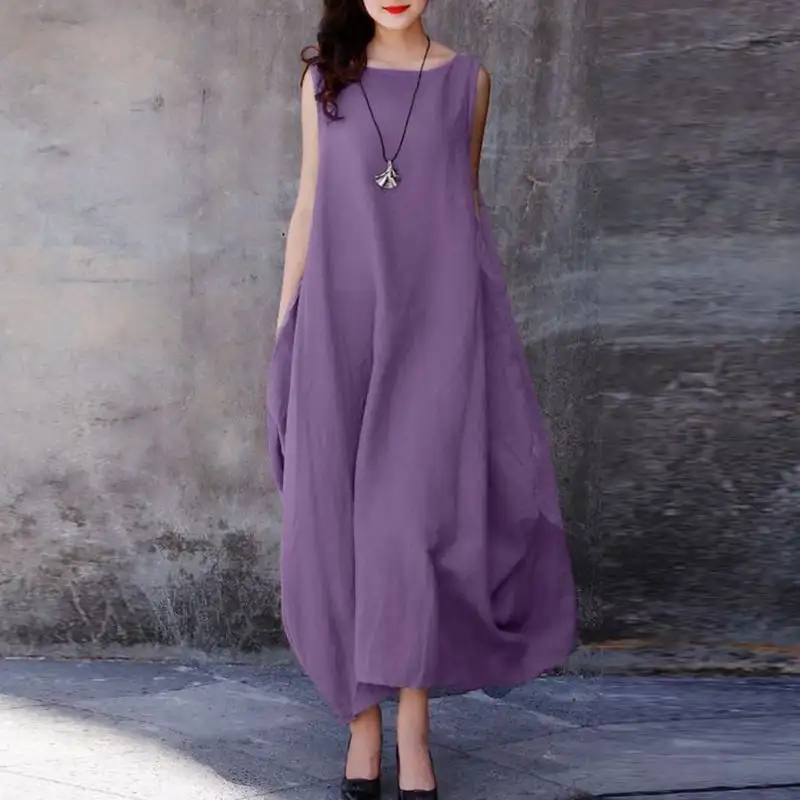 Women's Round Neck Sleeveless Side Large Ruffle Pocket Dress