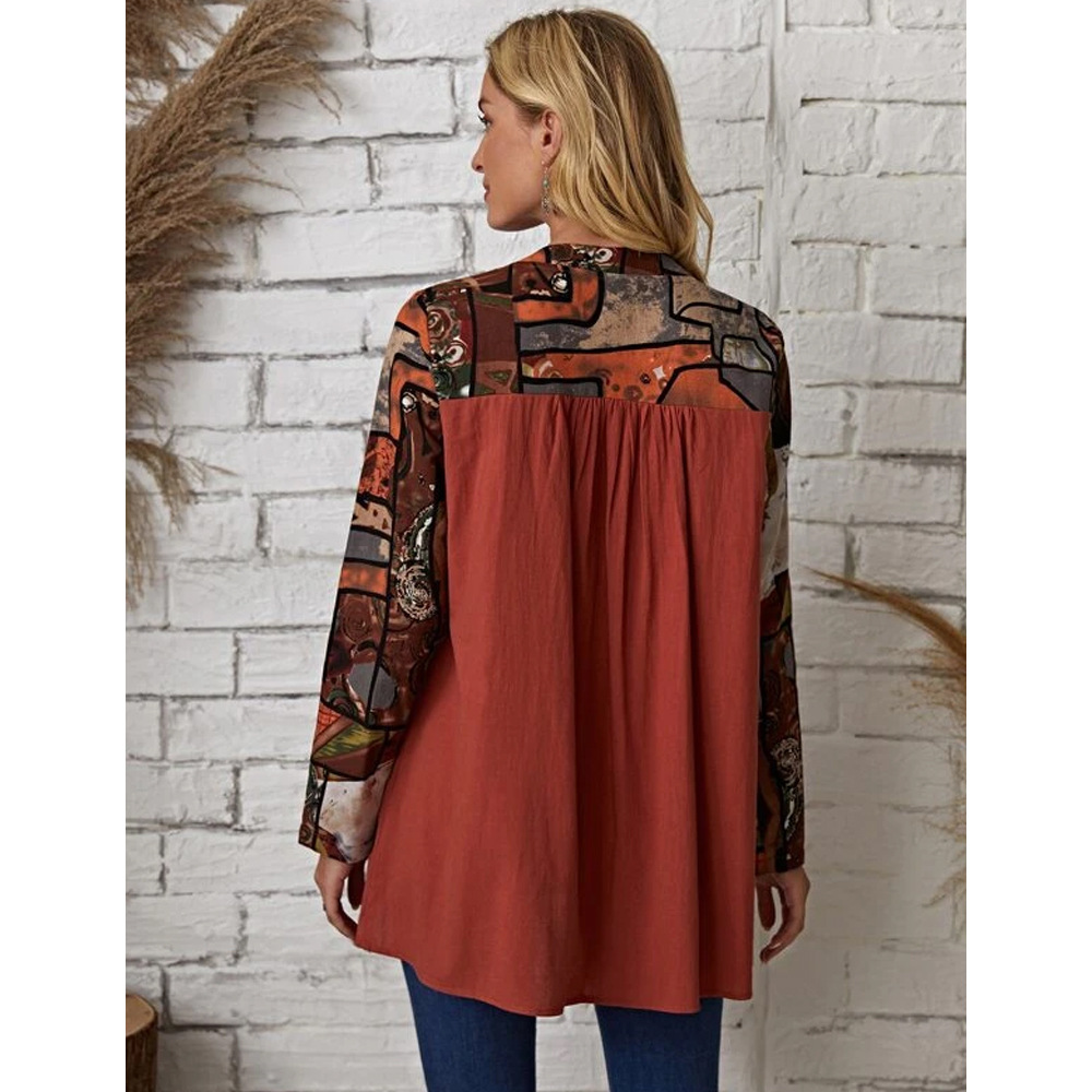 Women's Fashion Style Stitching Single-breasted Round Neck Long-sleeved Casual Red Shirt