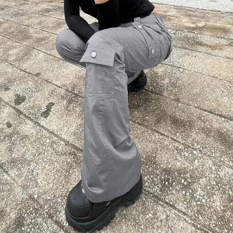 The New Multi-pocket Work Jeans Are Grey And High Waisted