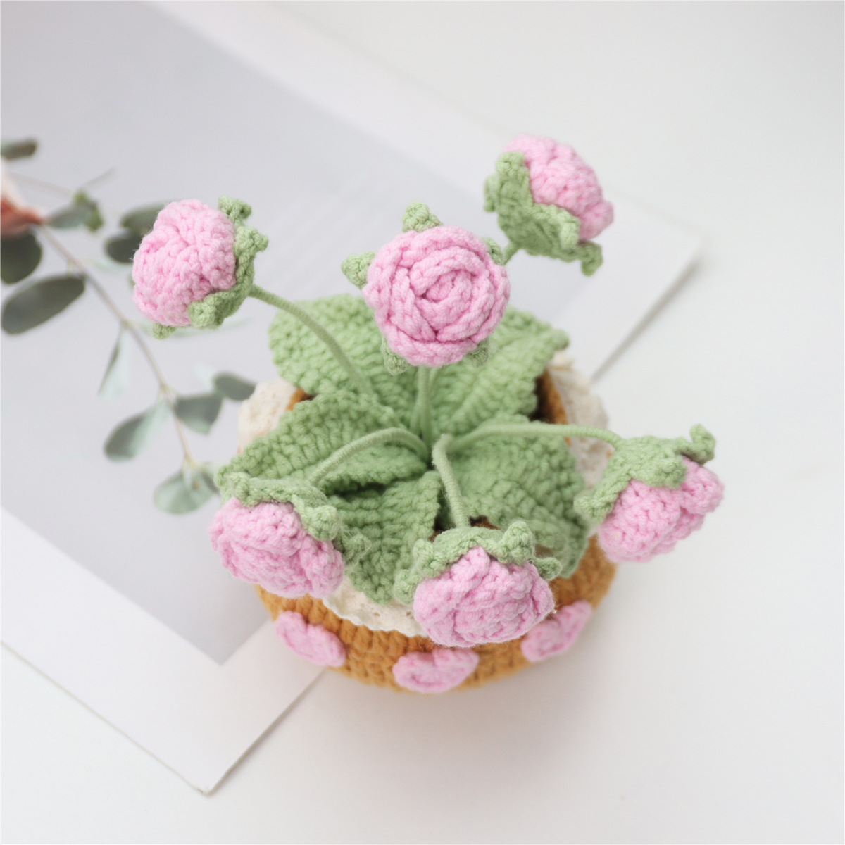 Handmade Crochet Rose Potted Ornament With Heart Decoration For Birthday Gift Home Office Desk Decor