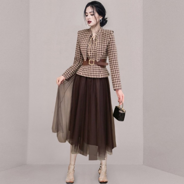 Temperament Houndstooth Waist Woolen Cloth Jacket And Mesh Long Skirt Suit