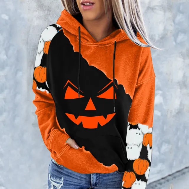 Ladies Printed Long Sleeve Hooded Loose Sweatshirt C Xl - Shop at LoveMi