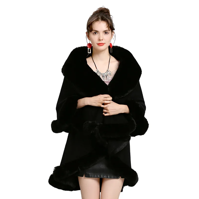 Fur Shawl And Fur Collar Knitted Cardigan Shawl Cloak - Black